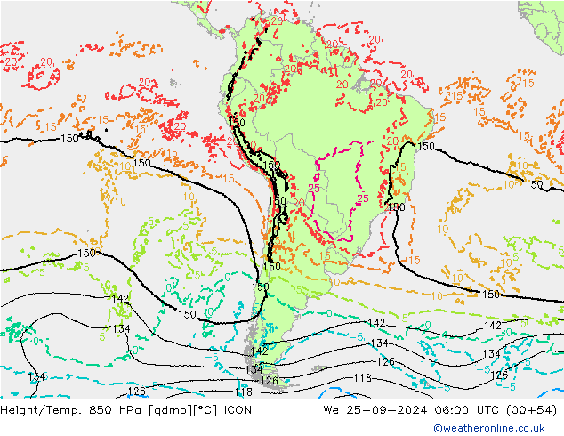 Géop./Temp. 850 hPa ICON mer 25.09.2024 06 UTC