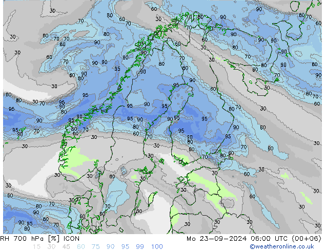 RH 700 hPa ICON Mo 23.09.2024 06 UTC