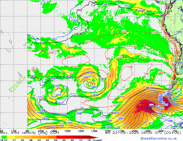 Max. wind velocity ICON lun 23.09.2024 06 UTC