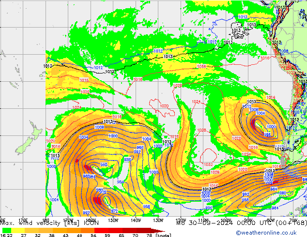 Max. wind snelheid ICON ma 30.09.2024 00 UTC