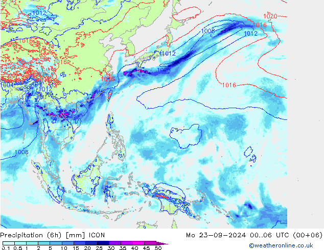 Totale neerslag (6h) ICON ma 23.09.2024 06 UTC