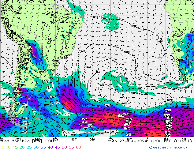 Viento 850 hPa ICON lun 23.09.2024 01 UTC