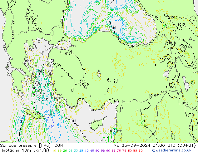 Isotachs (kph) ICON Mo 23.09.2024 01 UTC