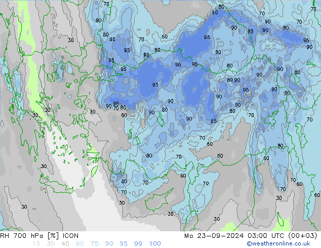 Humedad rel. 700hPa ICON lun 23.09.2024 03 UTC