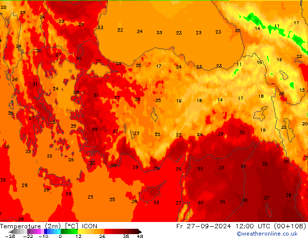 température (2m) ICON ven 27.09.2024 12 UTC