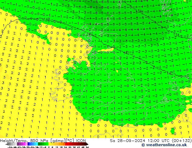 Height/Temp. 850 hPa ICON Sa 28.09.2024 12 UTC