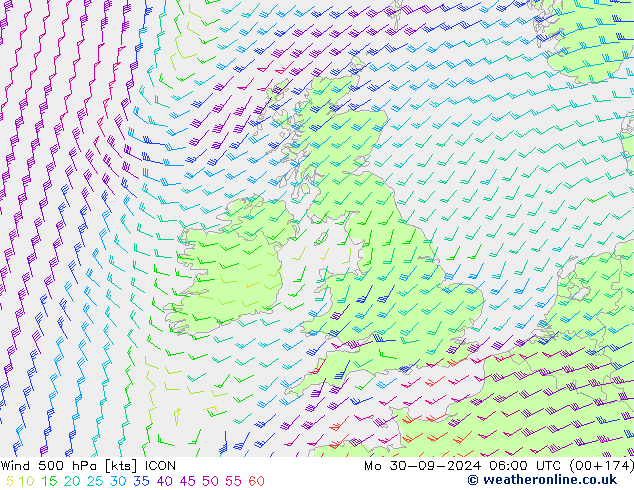 Rüzgar 500 hPa ICON Pzt 30.09.2024 06 UTC