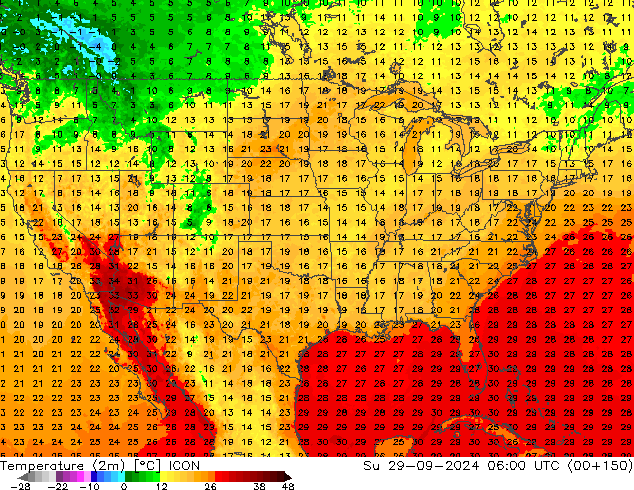 Temperaturkarte (2m) ICON So 29.09.2024 06 UTC