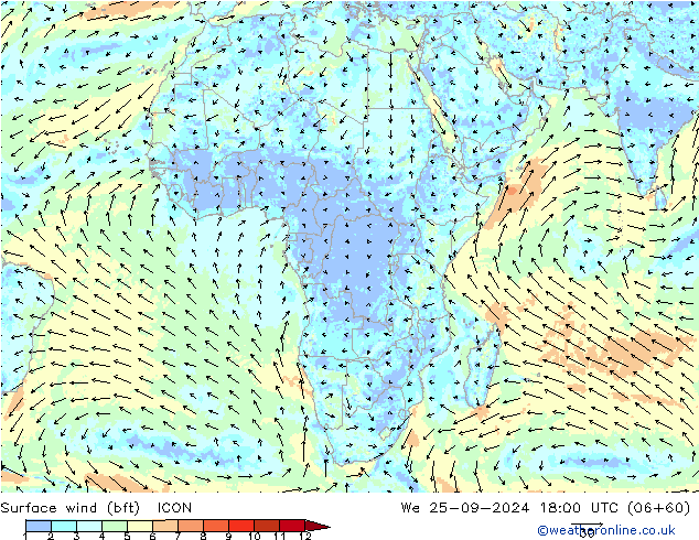 Wind 10 m (bft) ICON wo 25.09.2024 18 UTC