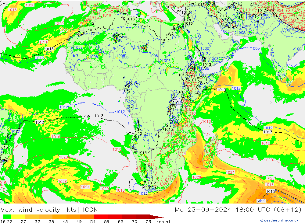 Max. wind velocity ICON lun 23.09.2024 18 UTC