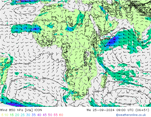 Wind 850 hPa ICON We 25.09.2024 09 UTC