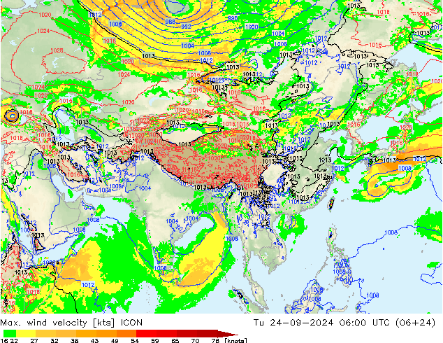 Max. wind velocity ICON Tu 24.09.2024 06 UTC