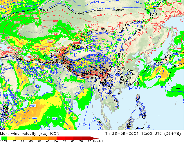 Max. wind velocity ICON jue 26.09.2024 12 UTC