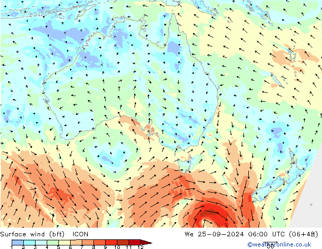 Surface wind (bft) ICON We 25.09.2024 06 UTC