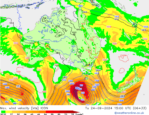 Max. wind snelheid ICON di 24.09.2024 15 UTC