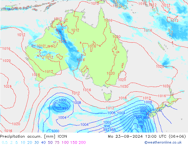 Precipitation accum. ICON Mo 23.09.2024 12 UTC