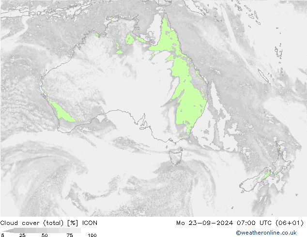 zachmurzenie (suma) ICON pon. 23.09.2024 07 UTC