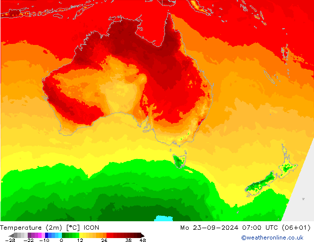 mapa temperatury (2m) ICON pon. 23.09.2024 07 UTC