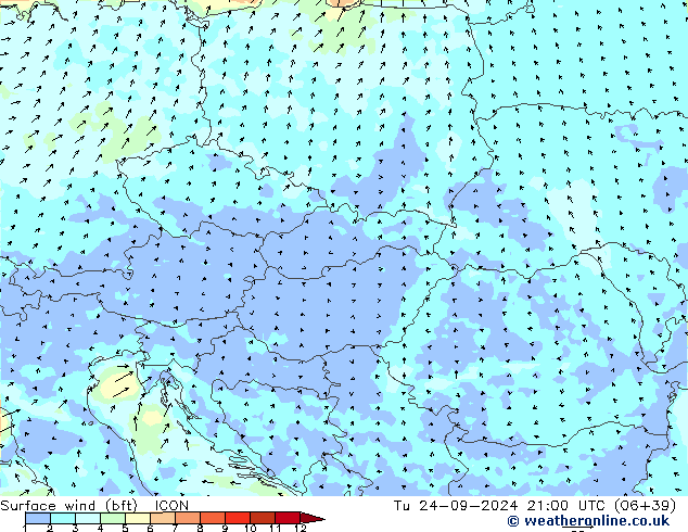 Surface wind (bft) ICON Tu 24.09.2024 21 UTC