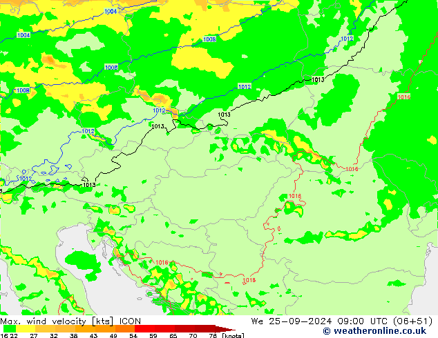 Max. wind velocity ICON mer 25.09.2024 09 UTC