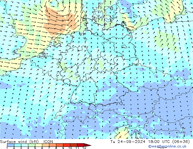 Surface wind (bft) ICON Tu 24.09.2024 18 UTC