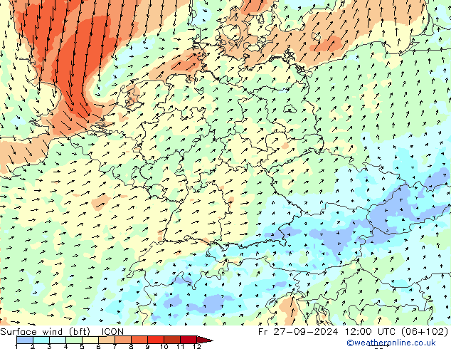 Surface wind (bft) ICON Fr 27.09.2024 12 UTC