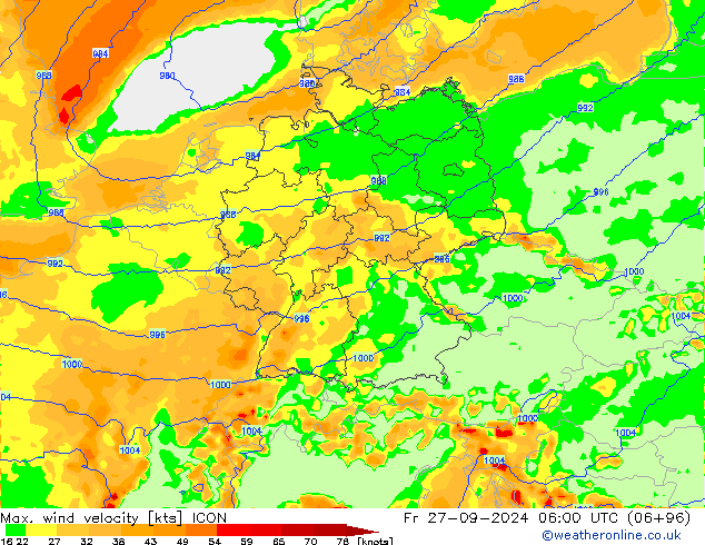 Max. wind velocity ICON Sex 27.09.2024 06 UTC