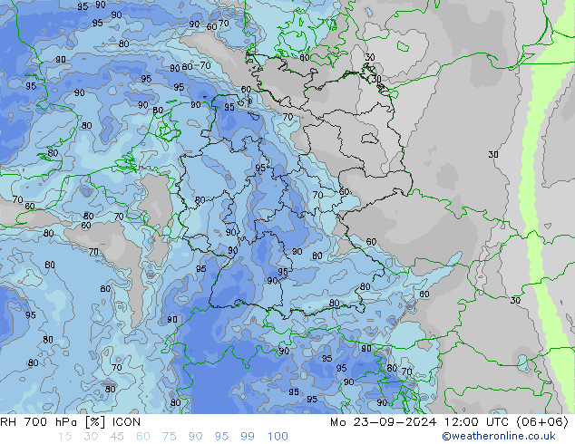 RH 700 hPa ICON Mo 23.09.2024 12 UTC