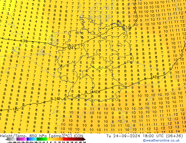 Height/Temp. 850 hPa ICON  24.09.2024 18 UTC