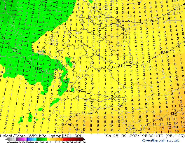 Height/Temp. 850 hPa ICON Sáb 28.09.2024 06 UTC