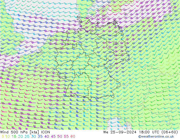 wiatr 500 hPa ICON śro. 25.09.2024 18 UTC