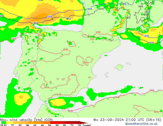 Max. wind snelheid ICON ma 23.09.2024 21 UTC