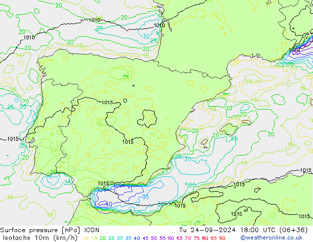 Isotaca (kph) ICON mar 24.09.2024 18 UTC