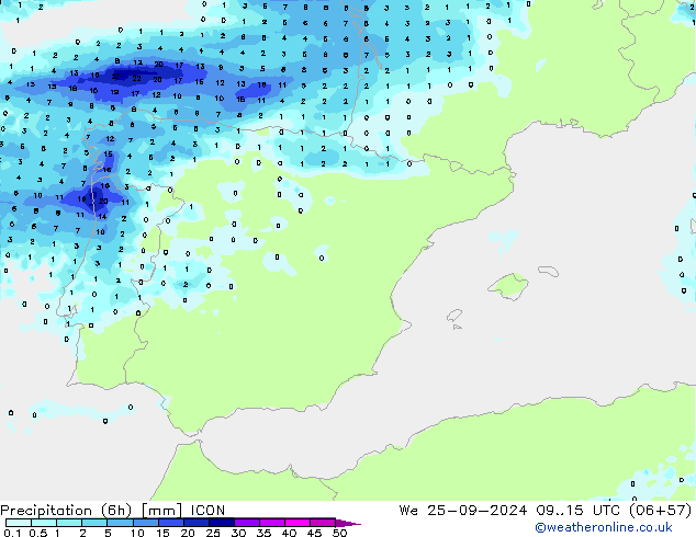 Precipitation (6h) ICON We 25.09.2024 15 UTC