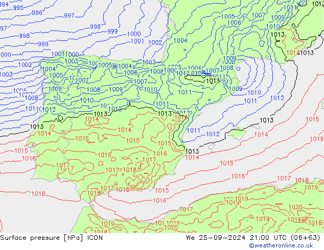 Pressione al suolo ICON mer 25.09.2024 21 UTC