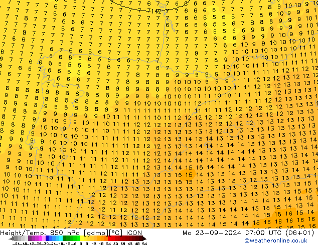 Height/Temp. 850 hPa ICON Mo 23.09.2024 07 UTC