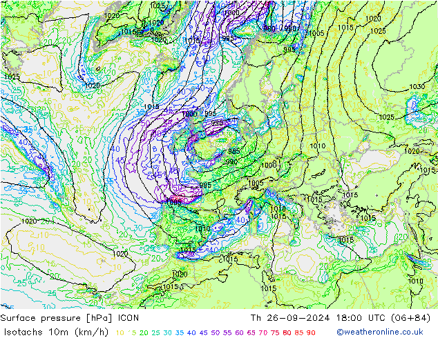 Izotacha (km/godz) ICON czw. 26.09.2024 18 UTC