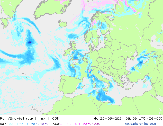 Rain/Snowfall rate ICON Mo 23.09.2024 09 UTC