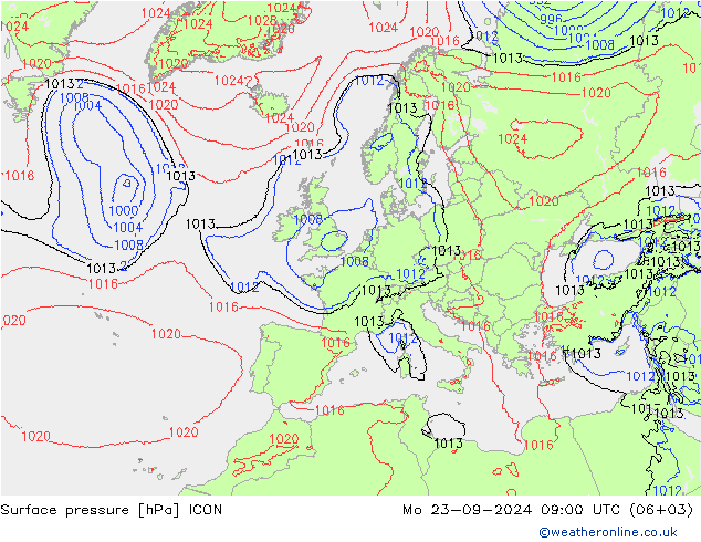 Surface pressure ICON Mo 23.09.2024 09 UTC