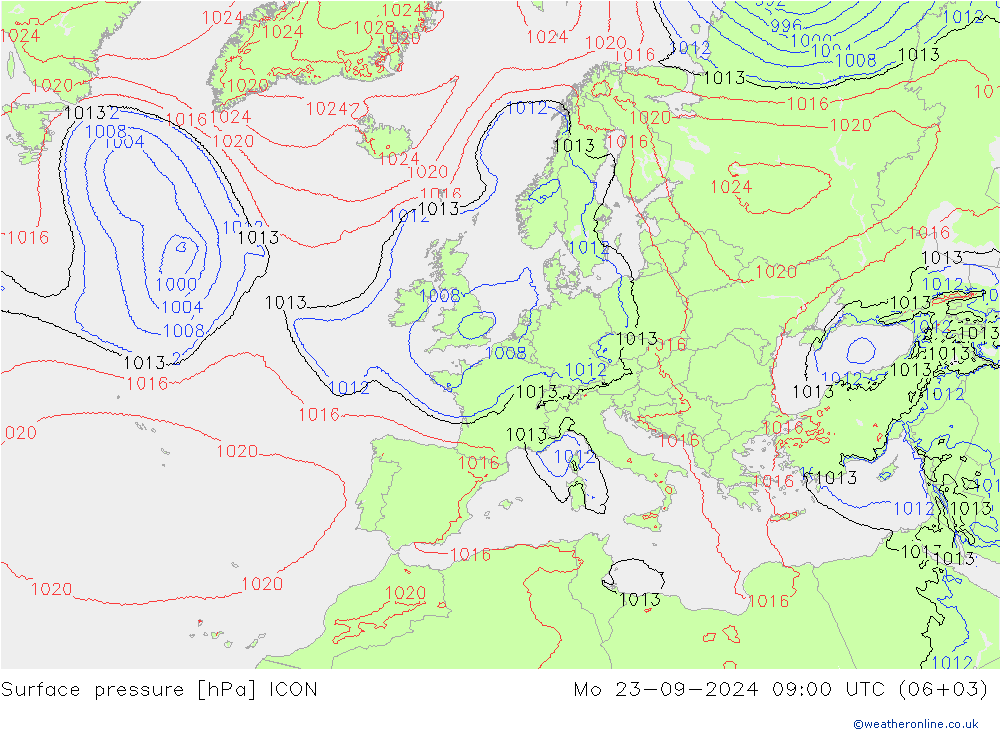 Pressione al suolo ICON lun 23.09.2024 09 UTC