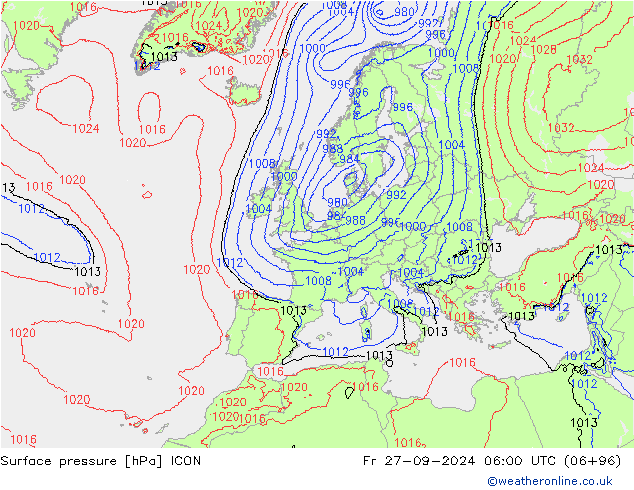 Luchtdruk (Grond) ICON vr 27.09.2024 06 UTC