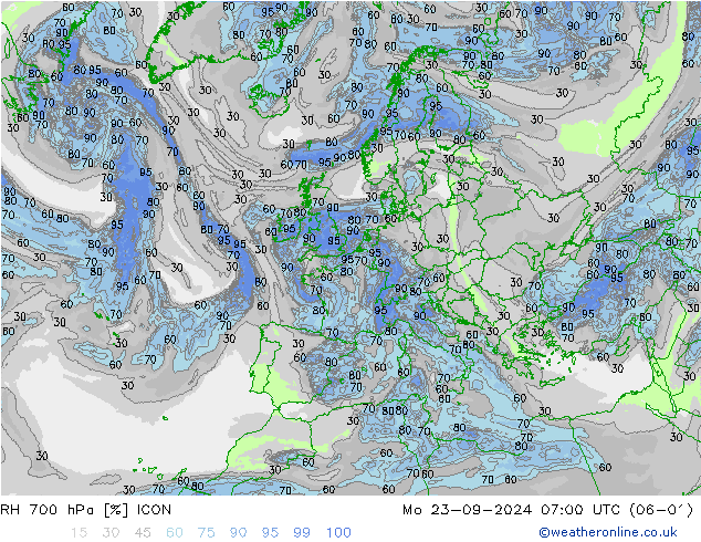 RH 700 hPa ICON Mo 23.09.2024 07 UTC