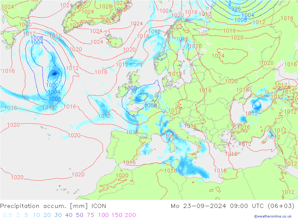 Precipitation accum. ICON пн 23.09.2024 09 UTC