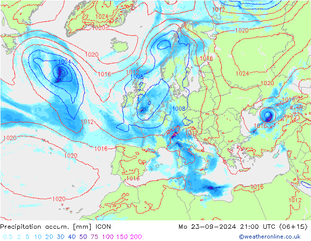 Precipitation accum. ICON пн 23.09.2024 21 UTC