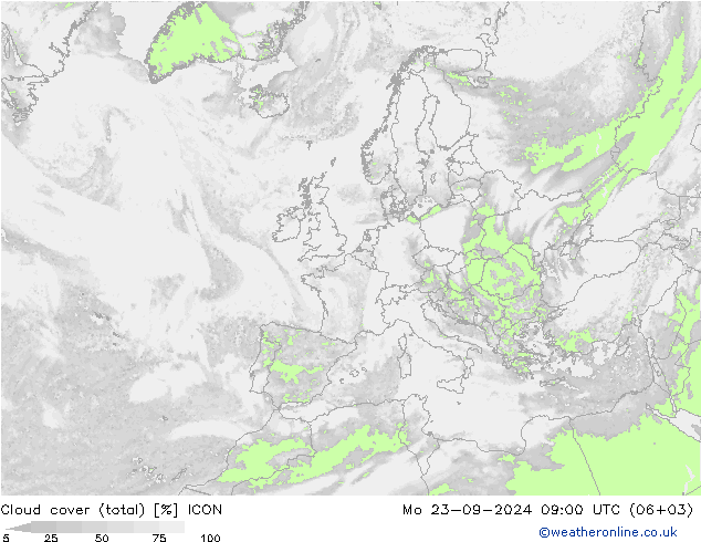 Bulutlar (toplam) ICON Pzt 23.09.2024 09 UTC