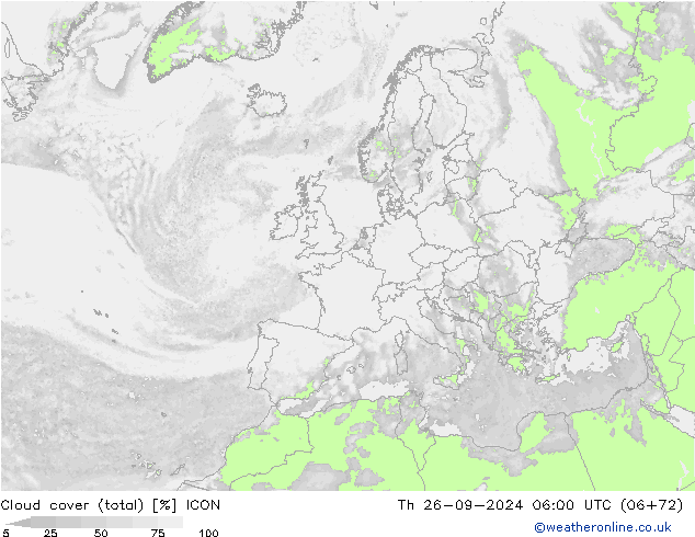 Cloud cover (total) ICON Th 26.09.2024 06 UTC