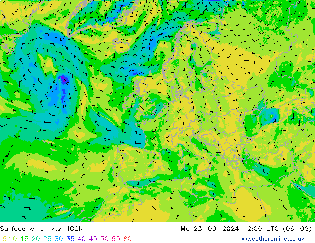 Vento 10 m ICON lun 23.09.2024 12 UTC