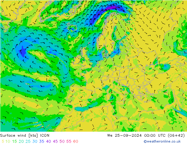 Vento 10 m ICON Qua 25.09.2024 00 UTC