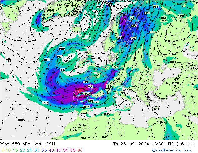 Viento 850 hPa ICON jue 26.09.2024 03 UTC