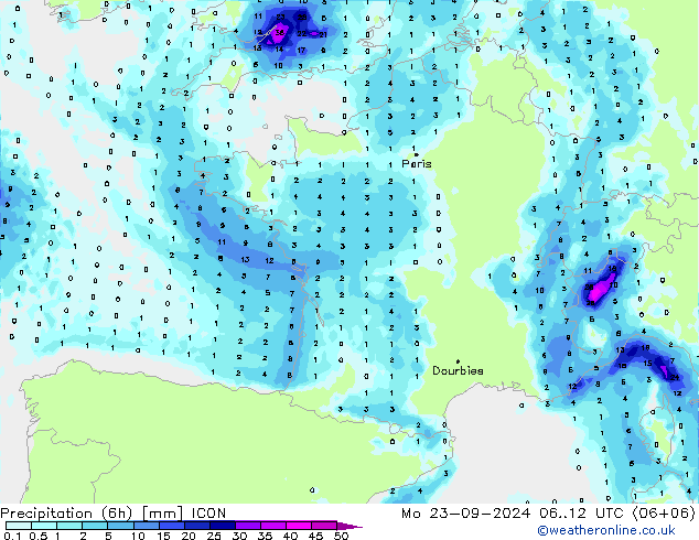 Precipitation (6h) ICON Mo 23.09.2024 12 UTC